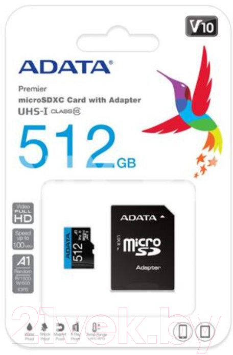 Карта памяти A-data microSDXC 512GB + адаптер (AUSDX512GUICL10A1-RA1)