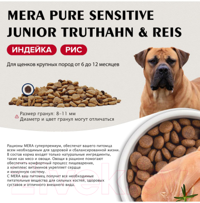 Сухой корм для собак Mera Pure Sensitive Junior для щенков c индейкой и рисом / 56950 (12.5кг)