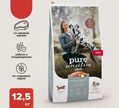 Сухой корм для собак Mera Pure Sensitive Fresh Meat Adult индейка и картофель / 57150 (12.5кг)