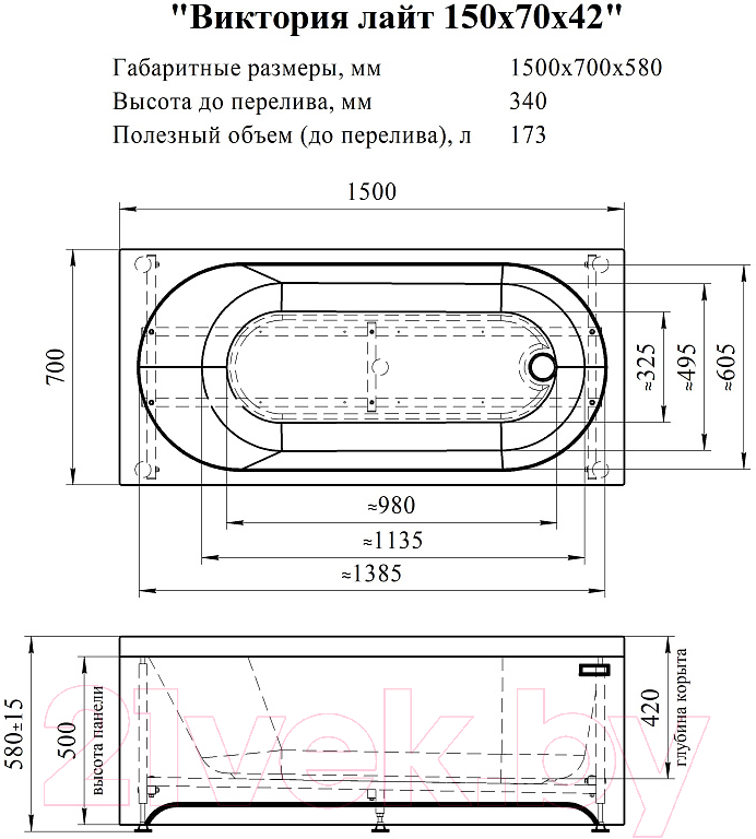 Ванна акриловая Radomir Виктория Лайт 150x70 / 2-01-0-0-0-257