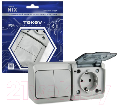 Блок выключатель+розетка Tokov Electric ОП Nix / TKE-NX-V2RZ-C06T-IP54