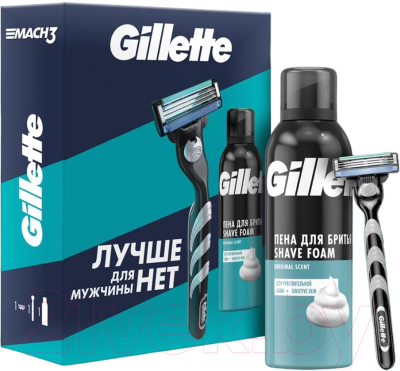 Набор для бритья Gillette Бритва Mach 3+1 кассета+Пена для бритья Gillette Sensitive Skin (200мл)