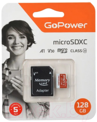 Карта памяти GoPower microSD 128GB Class10 UHS-I (U3) / 00-00025682 (с адаптером)