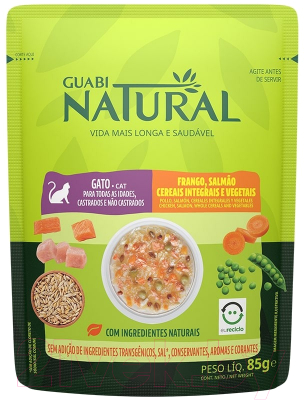 Влажный корм для кошек Guabi Natural Для взрослых кошек с курицей, лососем, злаками и овощами (85г)