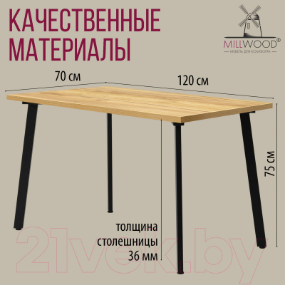 Обеденный стол Millwood Шанхай 120x70x75 (дуб золотой Craft/металл черный)