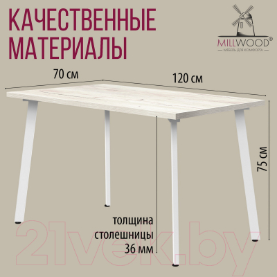 Обеденный стол Millwood Шанхай 120x70x75 (дуб белый Craft/металл белый)