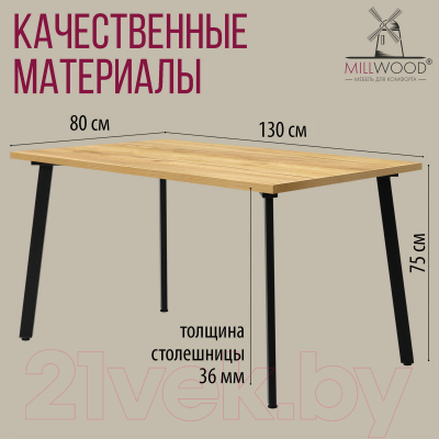 Обеденный стол Millwood Шанхай 130x80x75 (дуб золотой Craft/металл черный)
