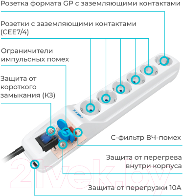 Сетевой фильтр Pilot L GP (3м, 6 розеток, белый)