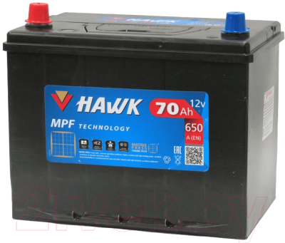 Автомобильный аккумулятор HAWK Asia JL 650A с бортом / HSMF-75D26R (70 А/ч)