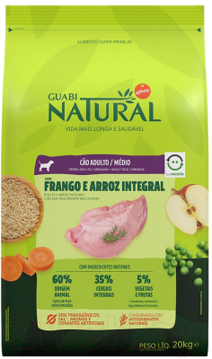 Сухой корм для собак Guabi Natural Для взрослых собак средних пород цыпленок и коричневый рис (20кг)