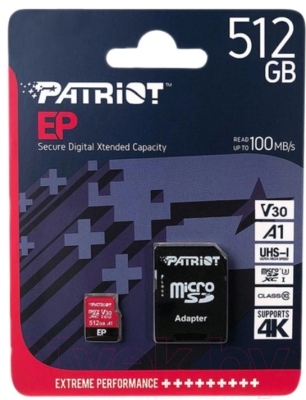 Карта памяти Patriot microSDXC 512GB EP Series UHS-I U3 V30 A1 (PEF512GEP31MCX)