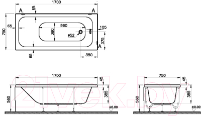 Ванна акриловая VitrA Optimum Neon 170x75 / 64570001000