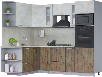 Готовая кухня Интерлиния Мила 1.68x2.4 левая (бетон лайт/дуб веллингтон/опал светлый)