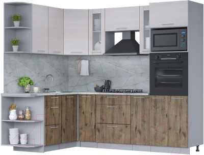 Готовая кухня Интерлиния Мила 1.68x2.4 левая (вудлайн кремовый/дуб веллингтон/серый каспий)