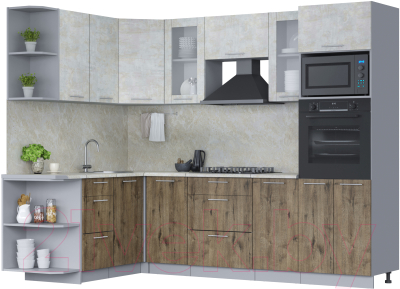 Готовая кухня Интерлиния Мила 1.68x2.6 левая (бетон лайт/дуб веллингтон/опал светлый)