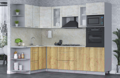 Готовая кухня Интерлиния Мила 1.68x2.6 левая (бетон лайт/дуб золотой/опал светлый)