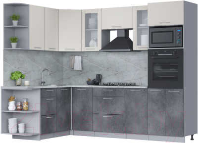 Готовая кухня Интерлиния Мила 1.68x2.6 левая (персидский жемчуг/бетон портленд/серый каспий)