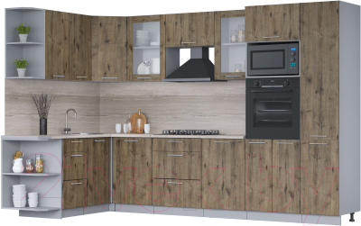 Готовая кухня Интерлиния Мила 1.68x3.2 левая (дуб веллингтон/дуб веллингтон/травертин серый)