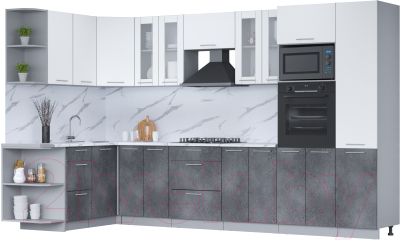 Готовая кухня Интерлиния Мила 1.68x3.4 левая (белый платинум/бетон портленд/белый гранит)