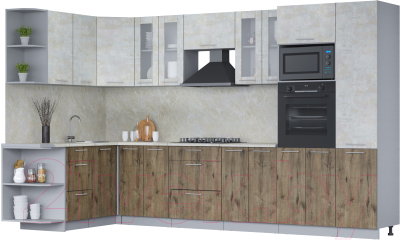 Готовая кухня Интерлиния Мила 1.68x3.4 левая (бетон лайт/дуб веллингтон/опал светлый)