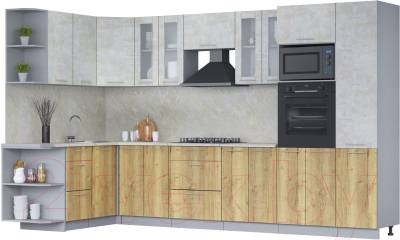 Кухонный гарнитур Интерлиния Мила 1.68x3.4 левая (бетон лайт/дуб золотой/опал светлый)