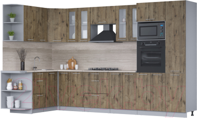 Готовая кухня Интерлиния Мила 1.68x3.4 левая (дуб веллингтон/дуб веллингтон/травертин серый)