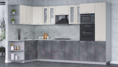 Готовая кухня Интерлиния Мила 1.68x3.4 левая (персидский жемчуг/бетон портленд/серый каспий)