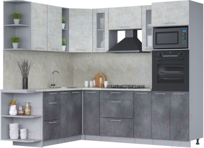 Кухонный гарнитур Интерлиния Мила 1.88x2.4 левая (бетон лайт/бетон портленд/опал светлый)