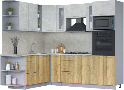 Готовая кухня Интерлиния Мила 1.88x2.4 левая (бетон лайт/дуб золотой/опал светлый)