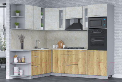Кухонный гарнитур Интерлиния Мила 1.88x2.4 левая (бетон лайт/дуб золотой/опал светлый)