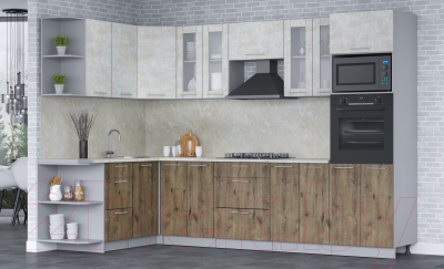 Готовая кухня Интерлиния Мила 1.68x3.0 левая (бетон лайт/дуб веллингтон/опал светлый)