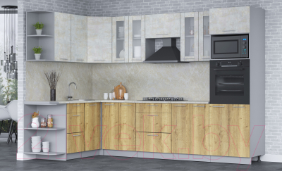 Готовая кухня Интерлиния Мила 1.68x3.0 левая (бетон лайт/дуб золотой/опал светлый)