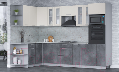 Готовая кухня Интерлиния Мила 1.68x3.0 левая (персидский жемчуг/бетон портленд/серый каспий)