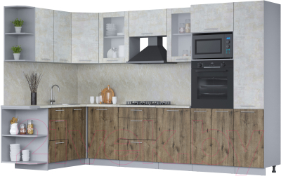 Кухонный гарнитур Интерлиния Мила 1.68x3.2 левая (бетон лайт/дуб веллингтон/опал светлый)