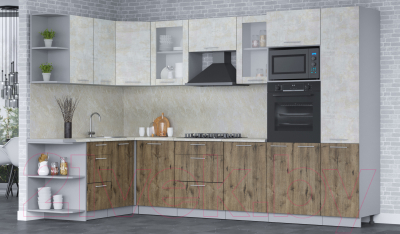 Готовая кухня Интерлиния Мила 1.68x3.2 левая (бетон лайт/дуб веллингтон/опал светлый)