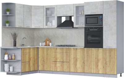 Готовая кухня Интерлиния Мила 1.68x3.2 левая (бетон лайт/дуб золотой/опал светлый)