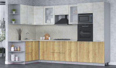 Готовая кухня Интерлиния Мила 1.68x3.2 левая (бетон лайт/дуб золотой/опал светлый)