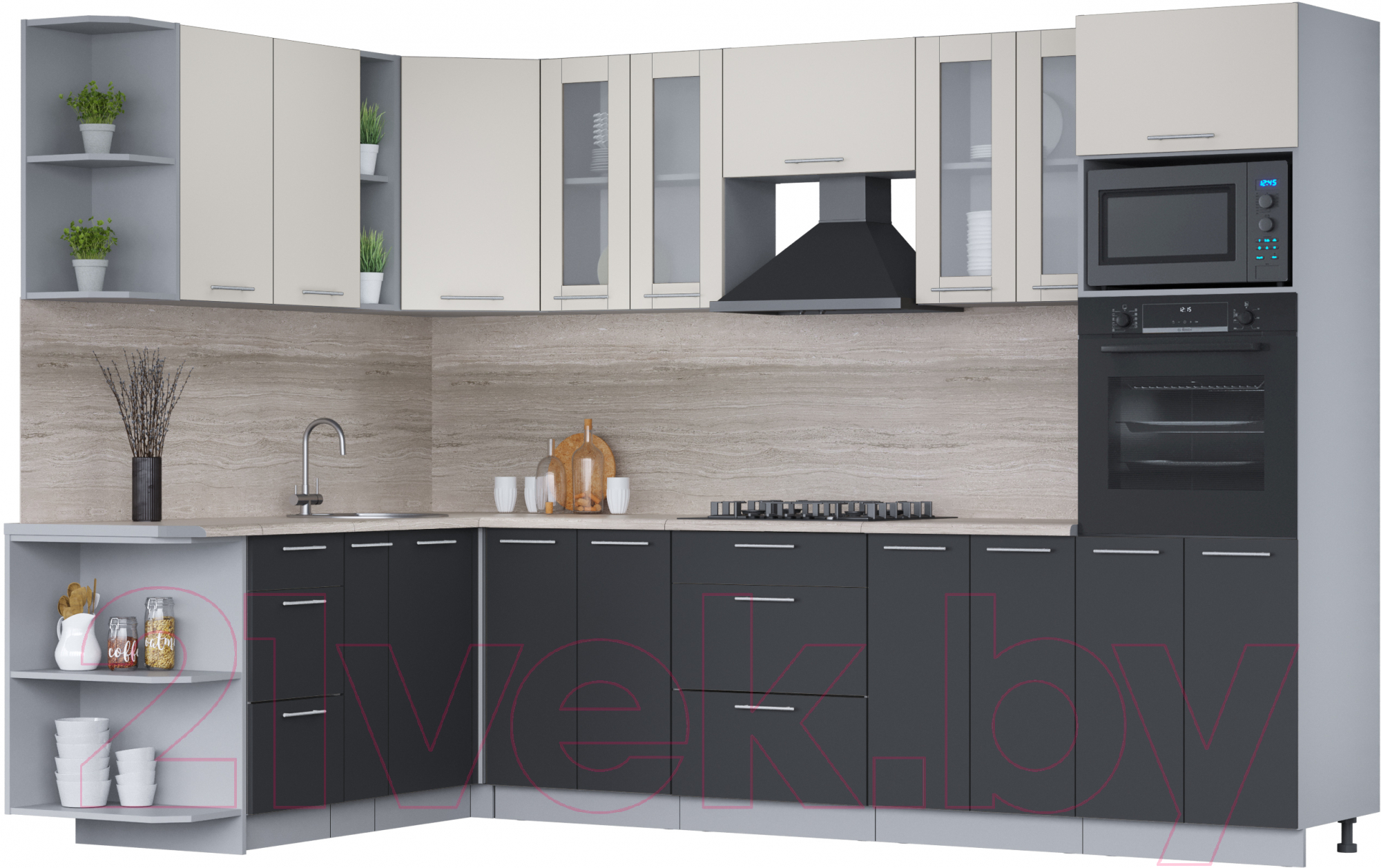 Кухонный гарнитур Interline Мила 1.88x3.0 левая (персидский жемчуг/антрацит/травертин серый)