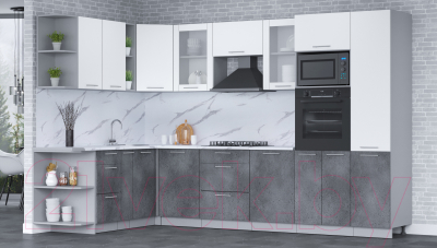 Готовая кухня Интерлиния Мила 1.88x3.2 левая (белый платинум/бетон портленд/белый гранит)