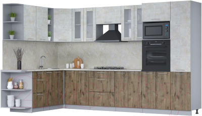 Готовая кухня Интерлиния Мила 1.88x3.4 левая (бетон лайт/дуб веллингтон/опал светлый)