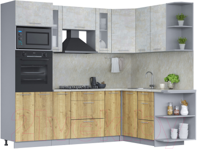 Готовая кухня Интерлиния Мила 1.68x2.4 правая (бетон лайт/дуб золотой/опал светлый)