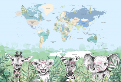 Фотообои листовые Vimala Карта мира зверята 2 (270x400)