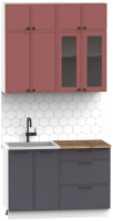 Кухонный гарнитур Интермебель Лион-1 1.2м (красная глазурь софт/графит софт/дуб флагстаф темный) - 