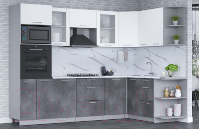 Готовая кухня Интерлиния Мила 1.68x2.8 правая (белый платинум/бетон портленд/белый гранит)