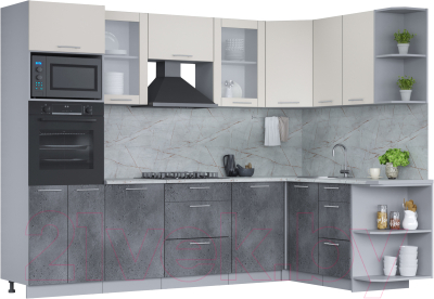 Готовая кухня Интерлиния Мила 1.68x2.8 правая (персидский жемчуг/бетон портленд/серый каспий)