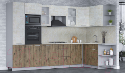 Готовая кухня Интерлиния Мила 1.68x3.2 правая (бетон лайт/дуб веллингтон/опал светлый)