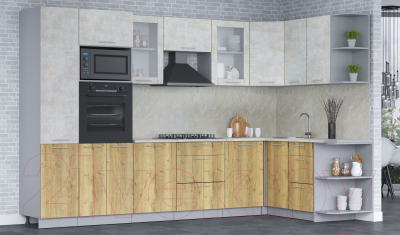 Готовая кухня Интерлиния Мила 1.68x3.2 правая (бетон лайт/дуб золотой/опал светлый)