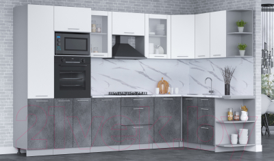 Готовая кухня Интерлиния Мила 1.68x3.2 правая (белый платинум/бетон портленд/белый гранит)