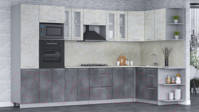 Готовая кухня Интерлиния Мила 1.68x3.4 правая (бетон лайт/бетон портленд/опал светлый)