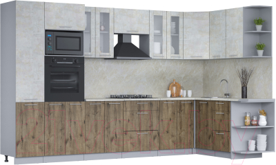 Готовая кухня Интерлиния Мила 1.68x3.4 правая (бетон лайт/дуб веллингтон/опал светлый)